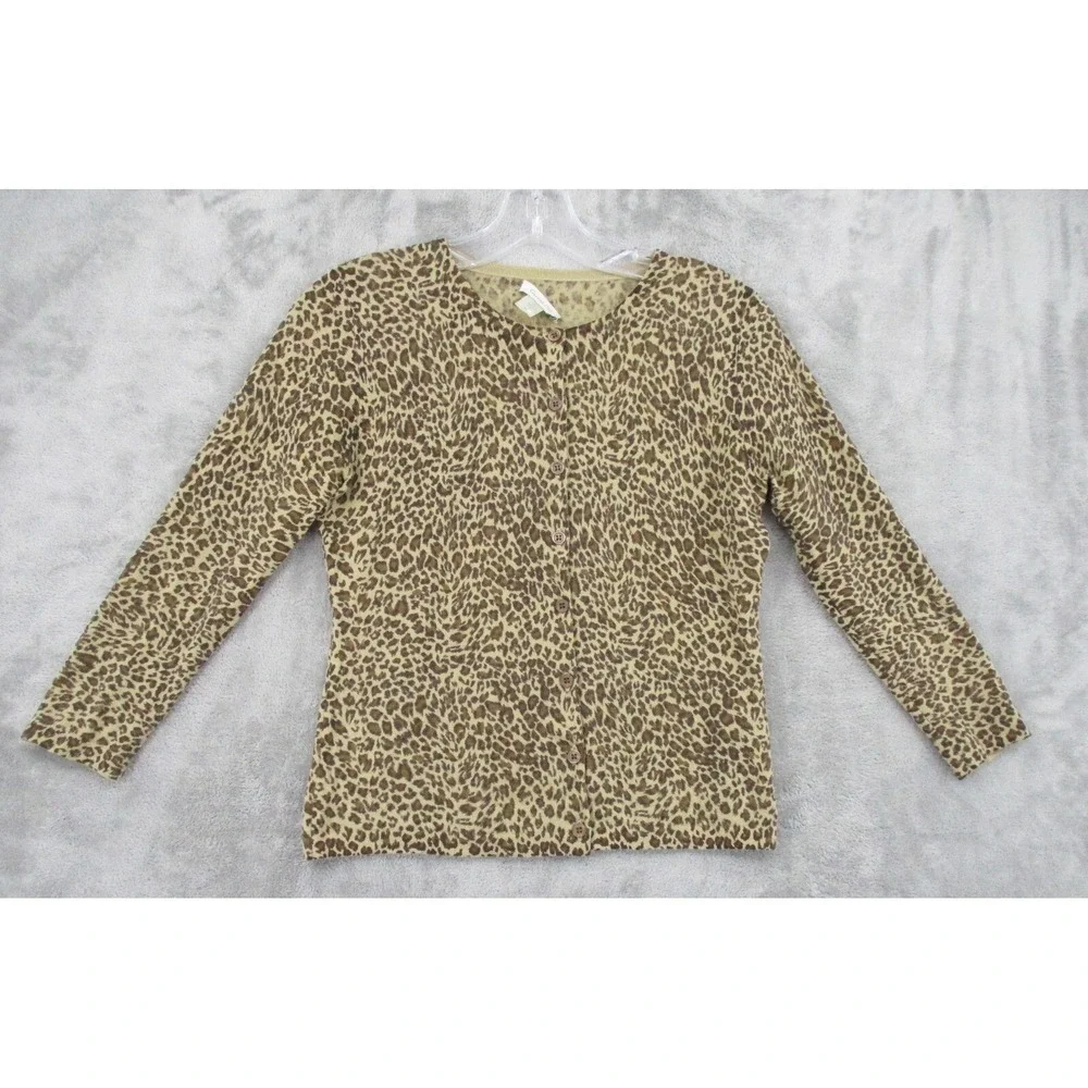 Garnet Hill Sweater XS Cardigan Merino Wool Animal Print Button Front Statement